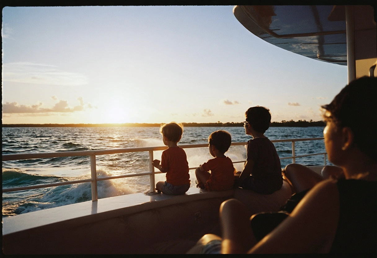 Family learning about marine life on a sunset cruise.