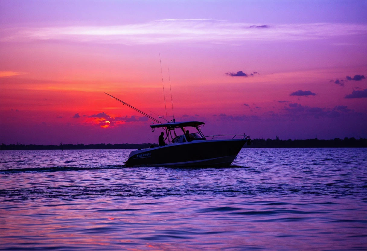 Sarasota Gulf sunset with vivid reds, oranges, and purples reflecting off the water, a boat