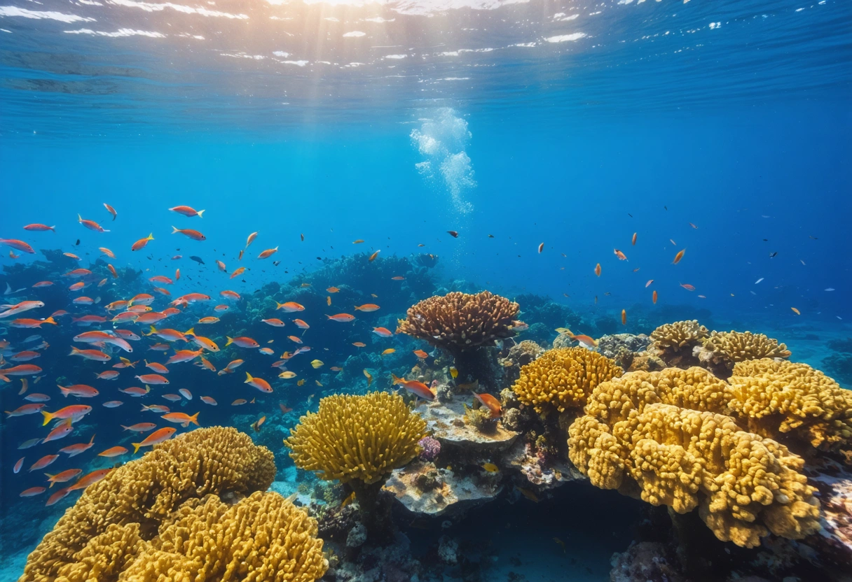 Snorkeling in crystal-clear Sarasota Gulf waters, vibrant coral reefs below, tropical fish swimming, underwater view,